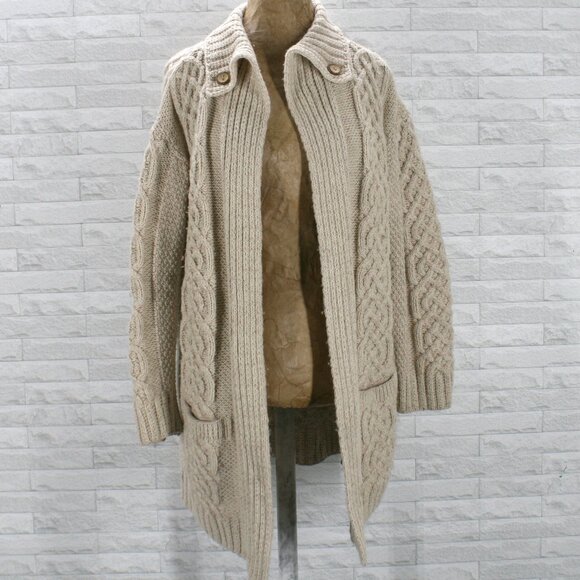 CARRIAG DONN Cardigan Merino Wool Ireland Cable Knit Chunky Ecru Long Large - Picture 1 of 13